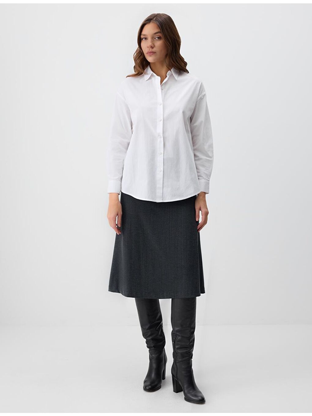 Antrasit Melanj Yüksek Bel Rahat Kesim Beli Lastikli Örme Midi Etek