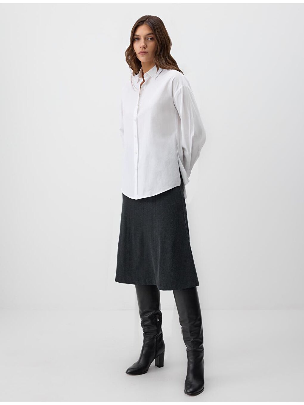 Antrasit Melanj Yüksek Bel Rahat Kesim Beli Lastikli Örme Midi Etek-1