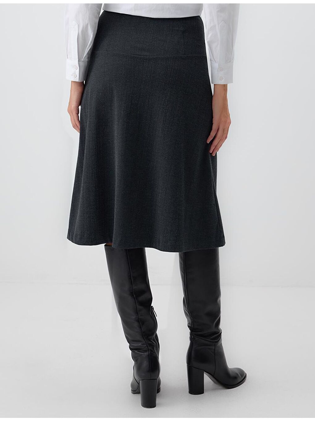 Antrasit Melanj Yüksek Bel Rahat Kesim Beli Lastikli Örme Midi Etek-4