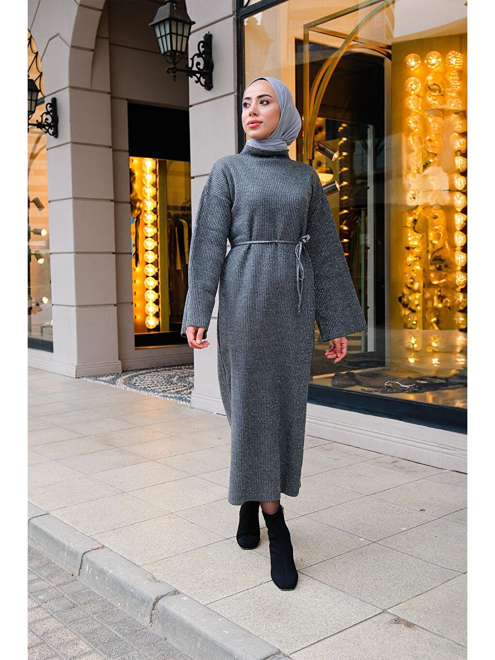 Simli Tesettür Triko Elbise  Gri-1