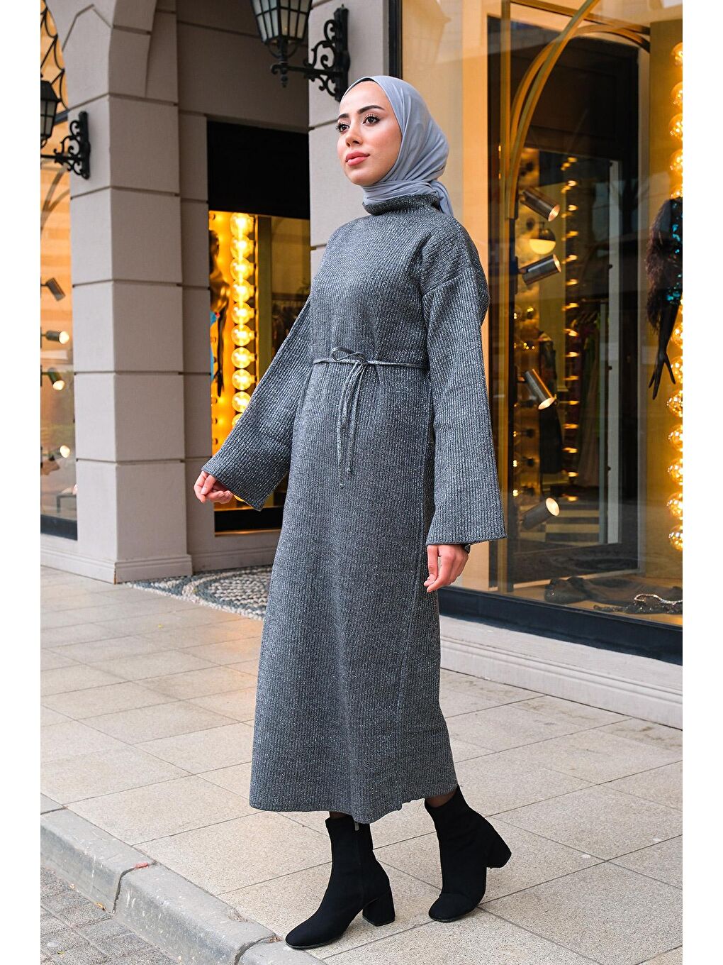 Simli Tesettür Triko Elbise  Gri-2