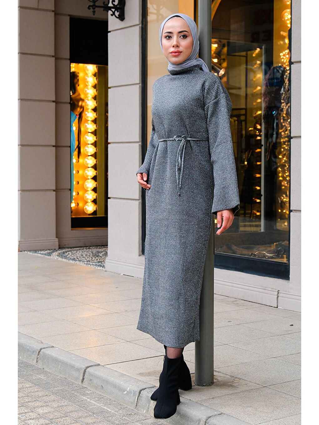 Simli Tesettür Triko Elbise  Gri-3