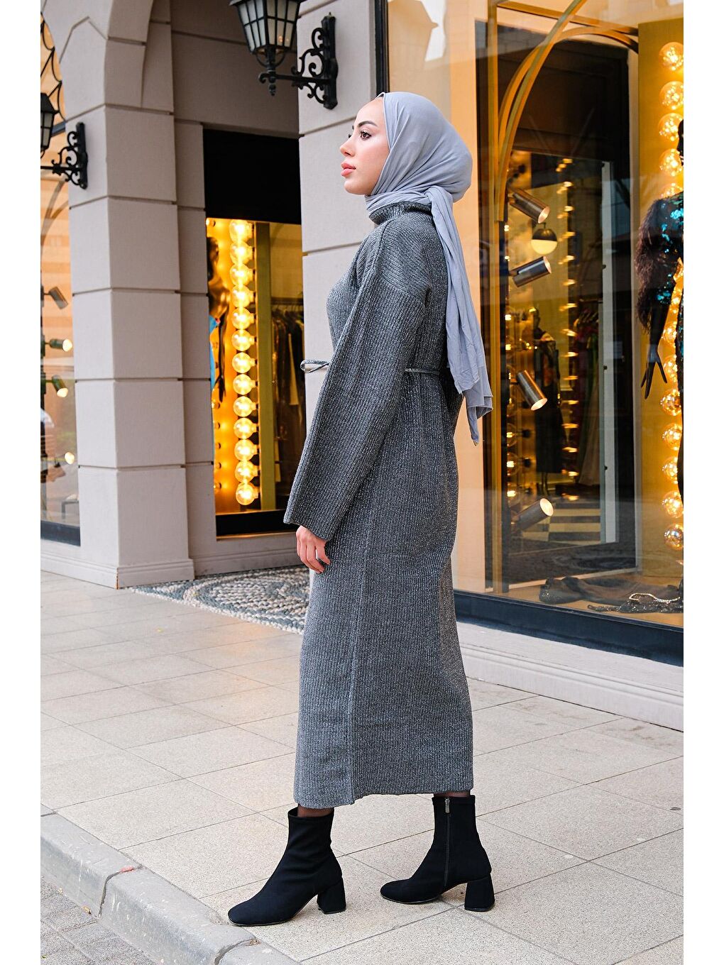 Simli Tesettür Triko Elbise  Gri-4