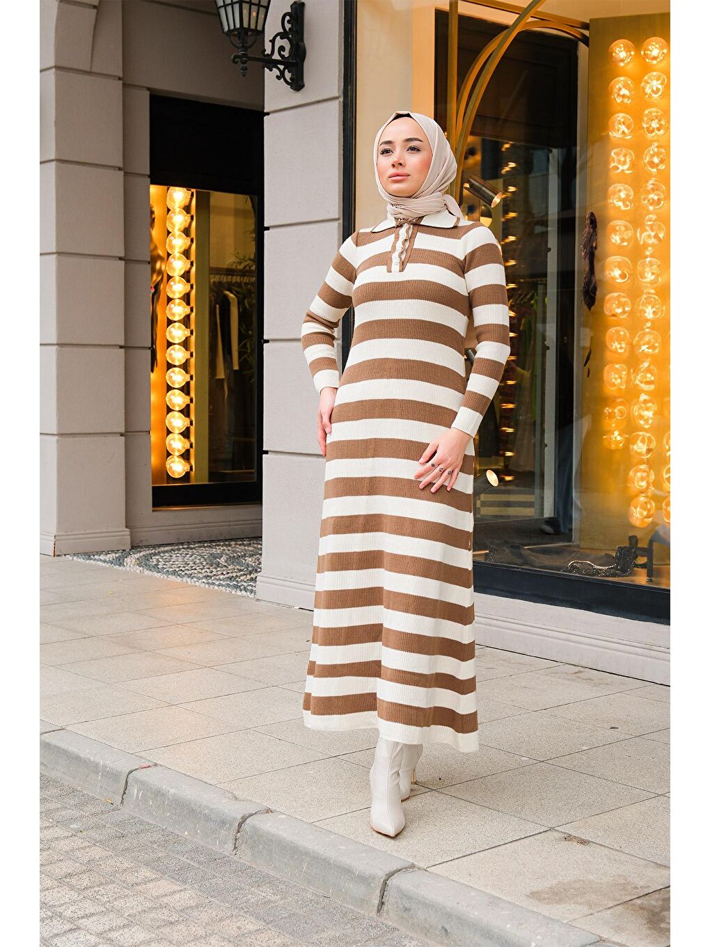 Bej Çizgili Polo Yaka Tesettür Triko Elbise Vizon