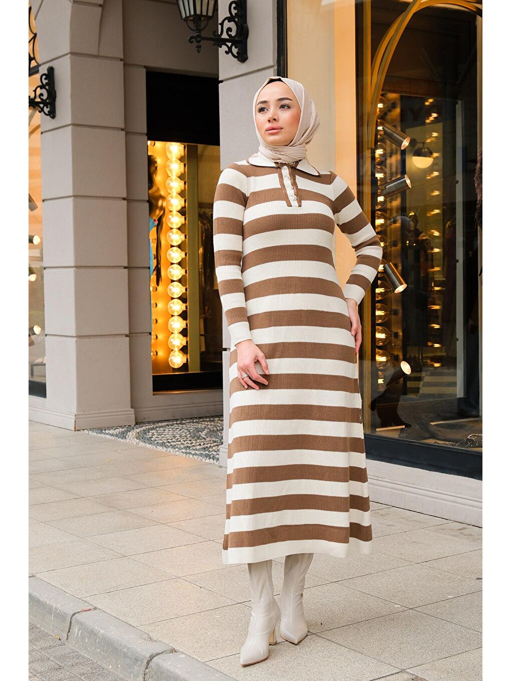 Bej Çizgili Polo Yaka Tesettür Triko Elbise Vizon-2