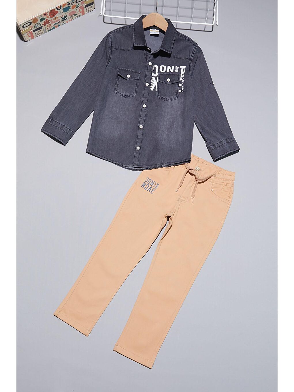 Gri Füme Jean Gömlekli Erkek Çocuk Alt Üst Takım 15099-1