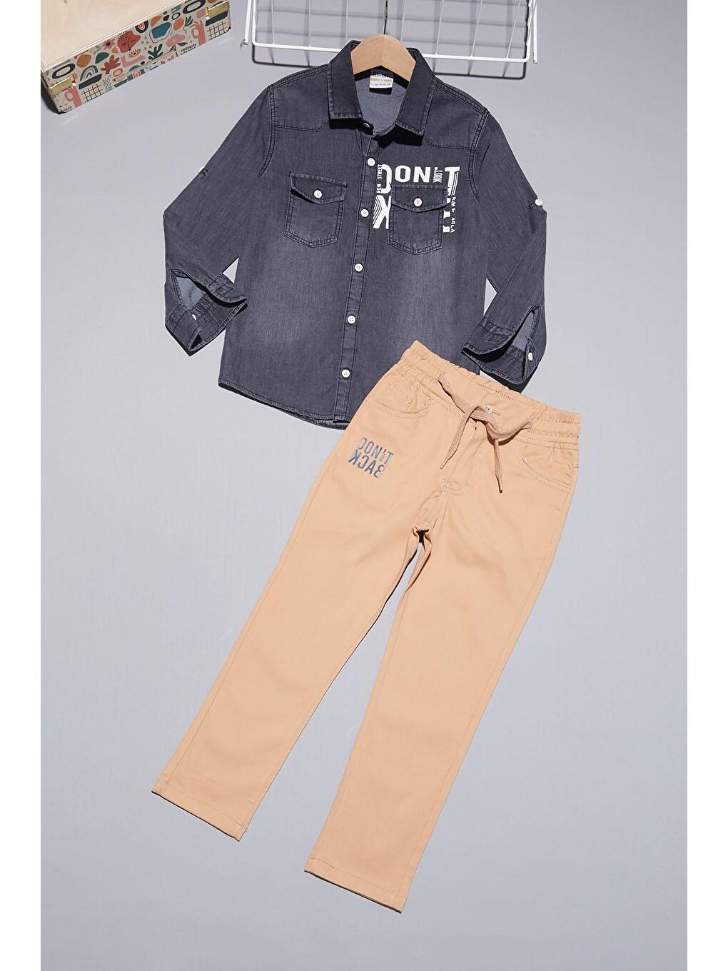 Gri Füme Jean Gömlekli Erkek Çocuk Alt Üst Takım 15099-2