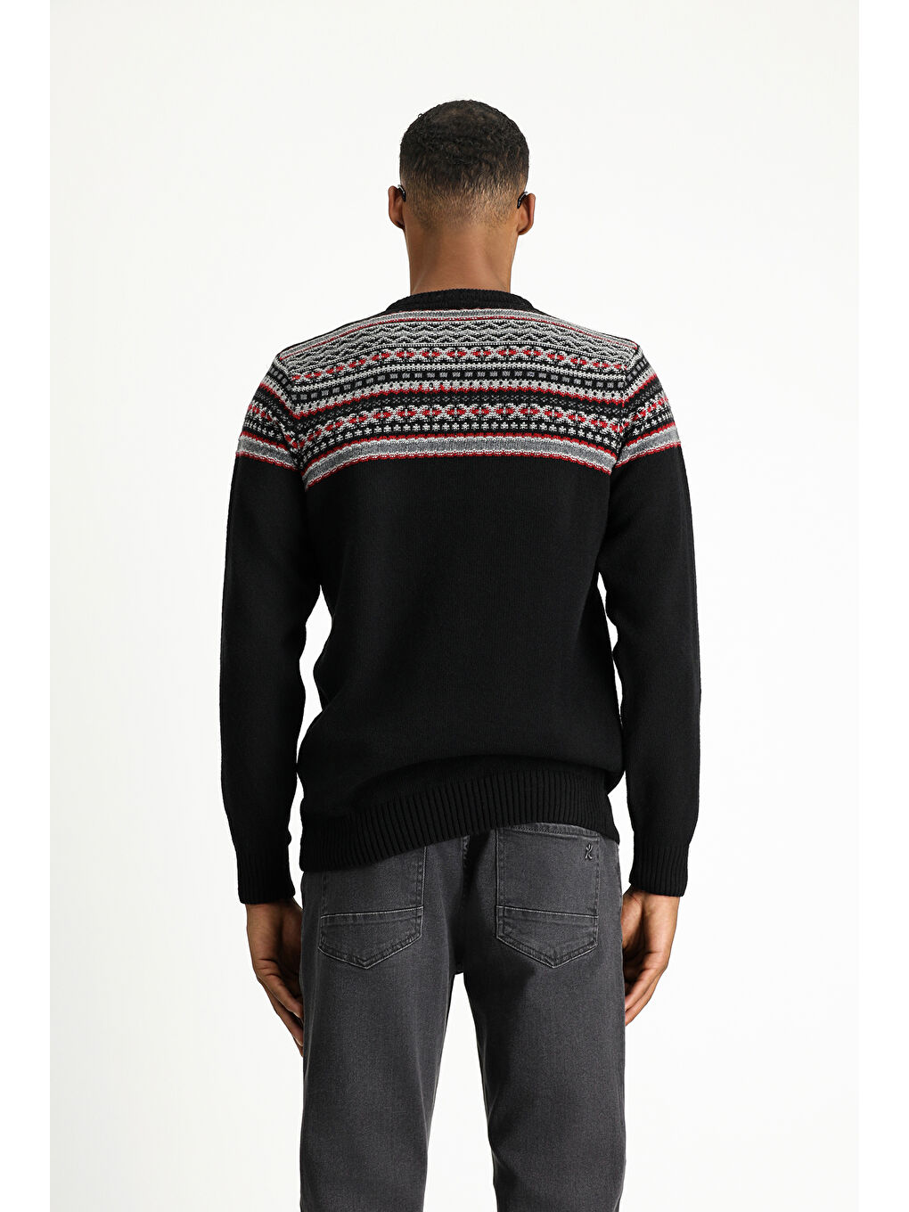 Siyah Bisiklet Yaka Slim Fit Dar Kesim Yünlü Desenli Triko Kazak-3