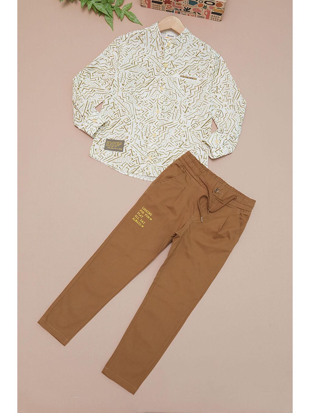 Ekru Krem Çizgili Gömlekli Erkek Çocuk Alt Üst Takım 15094-1