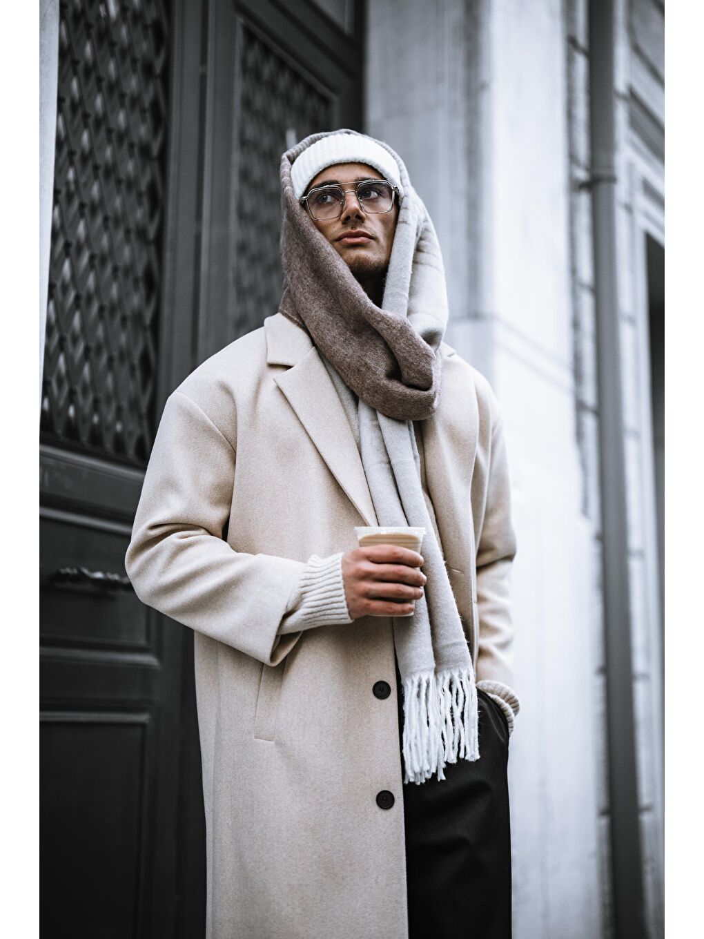 Erkek Oversize Uzun İtalyan Kaşe Kaban Bej-2