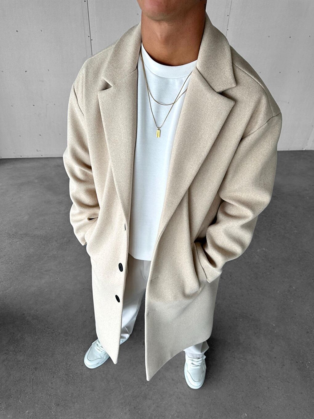 Erkek Oversize Uzun İtalyan Kaşe Kaban Bej-3