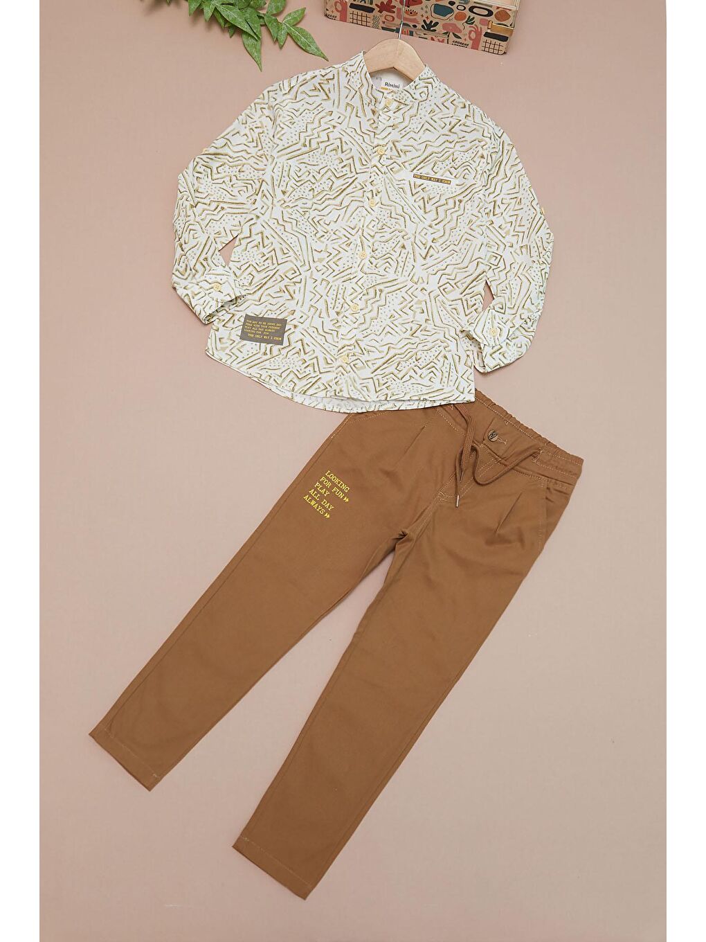 Ekru Krem Çizgili Gömlekli Erkek Çocuk Alt Üst Takım 15094-2