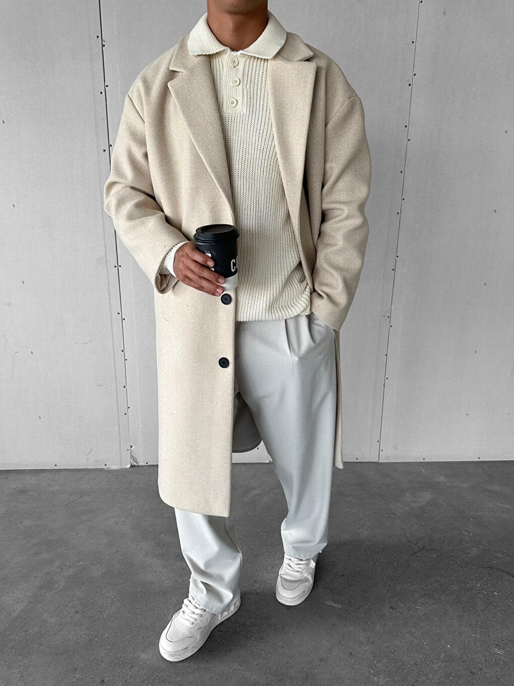 Erkek Oversize Uzun İtalyan Kaşe Kaban Bej-5