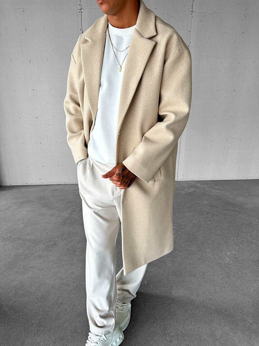 Erkek Oversize Uzun İtalyan Kaşe Kaban Bej-6