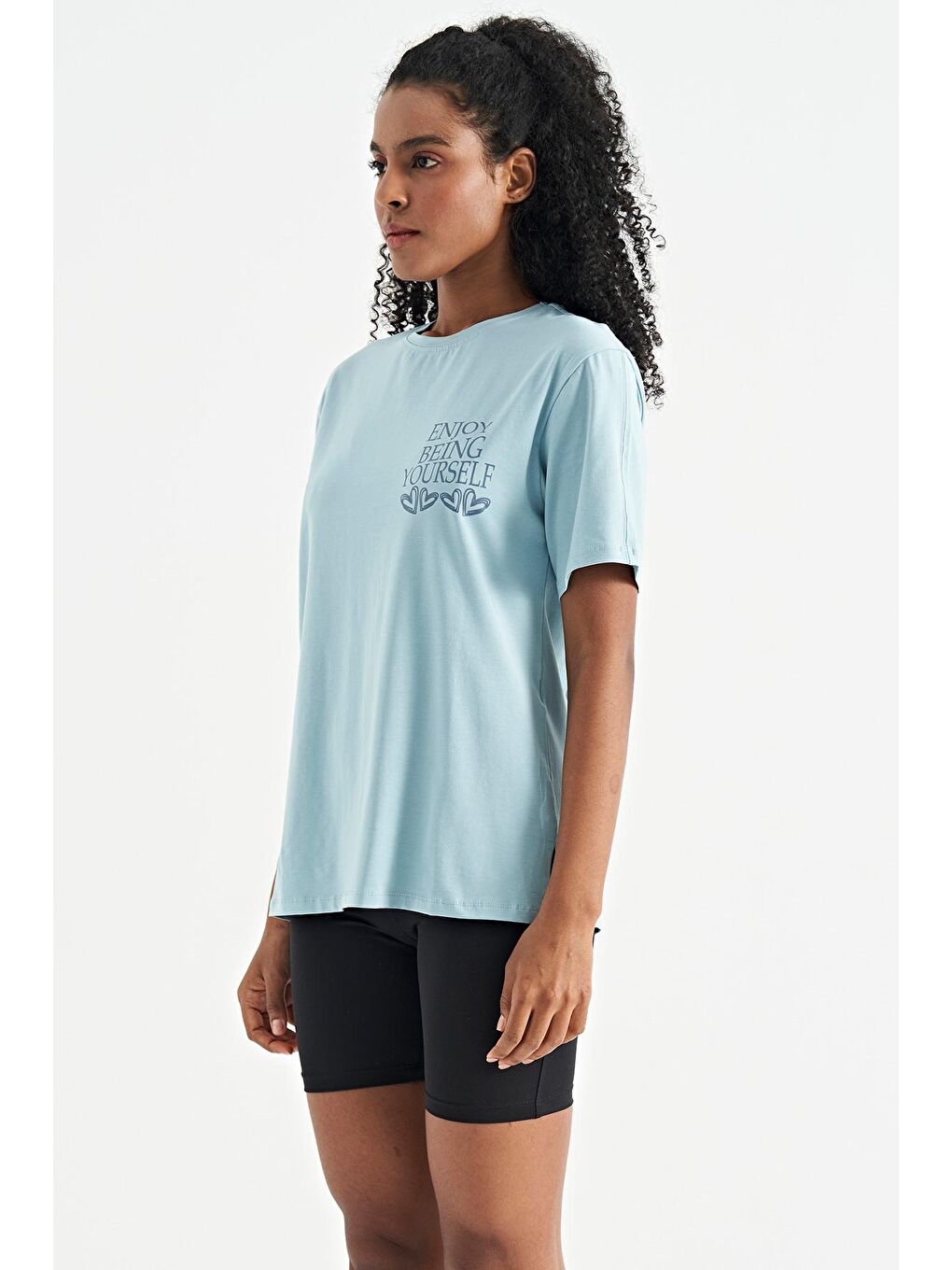 Veryperi Açık Mavi Ön Arka Baskılı O Yaka Kol Kesikli Oversize Kadın T-Shirt - 02267 - 4