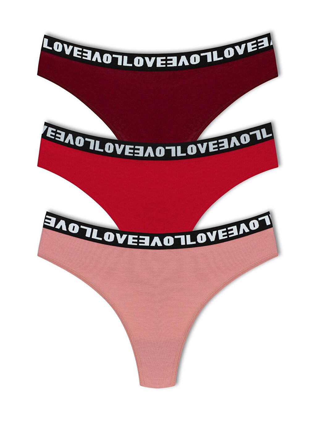 Bordo Pamuklu Arkası Dantel LOVE Lastik Tanga Kadın Külot 3'lü