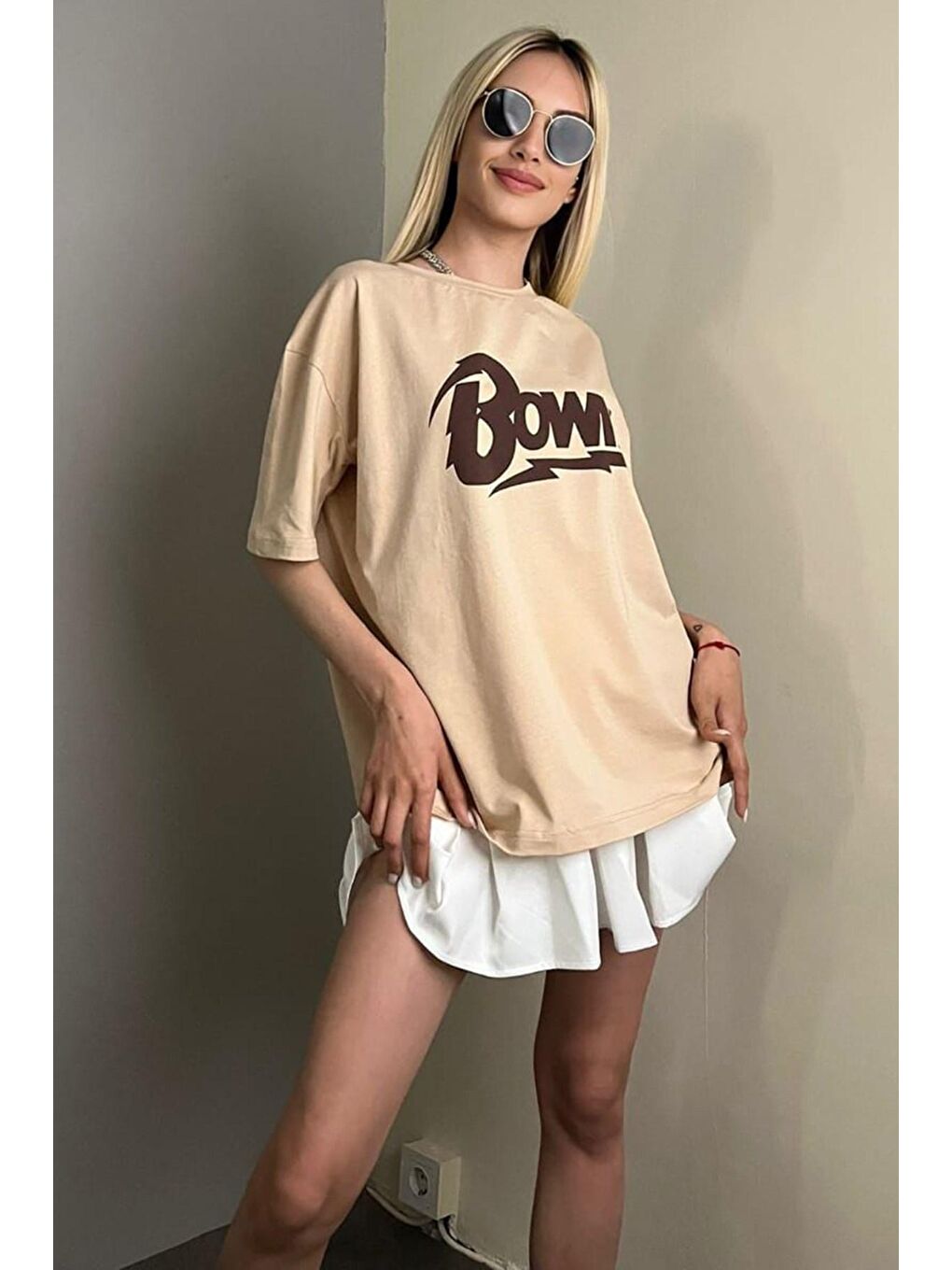 Bej Baskılı Over Fit Tişört MG1514-1