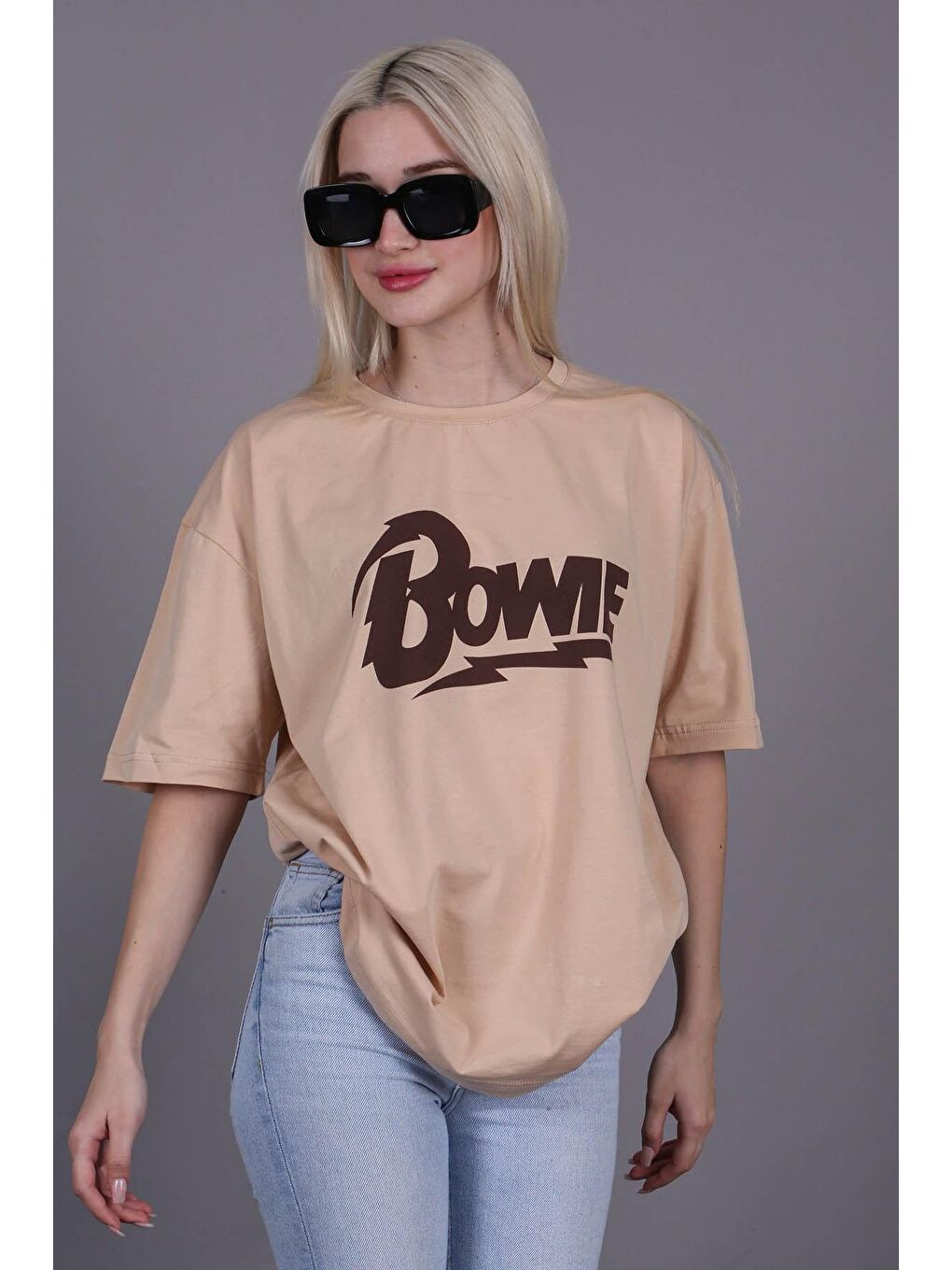 Bej Baskılı Over Fit Tişört MG1514-2