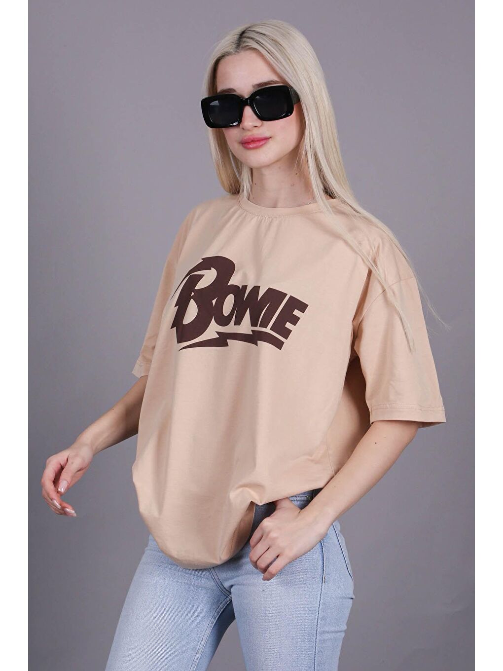 Bej Baskılı Over Fit Tişört MG1514-3