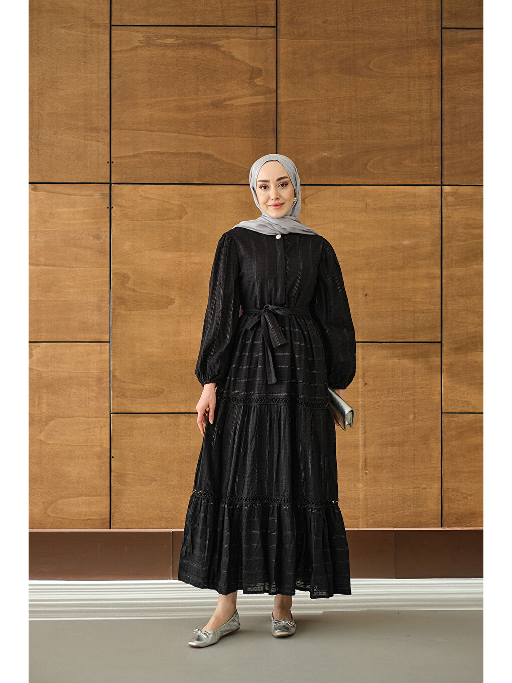 Kadın Nakış Detaylı Simli Jakar Elbise Siyah-2