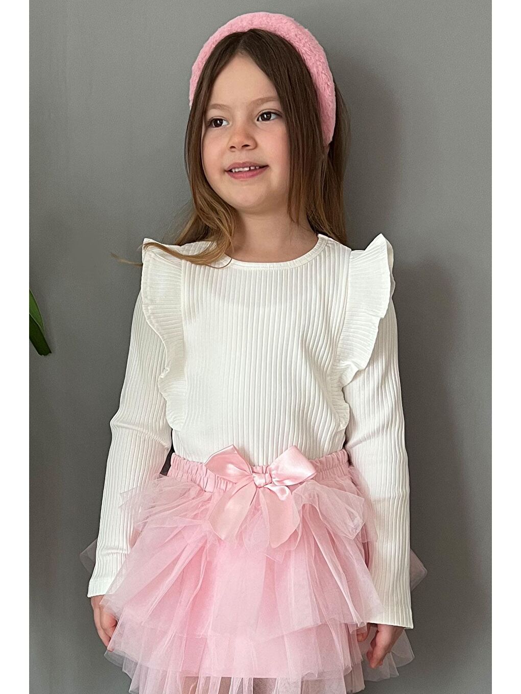 Kız Çocuk Uzun Kollu Tişört Omuzu Fırfır Detaylı Ekru (3-4 Yaş)-1