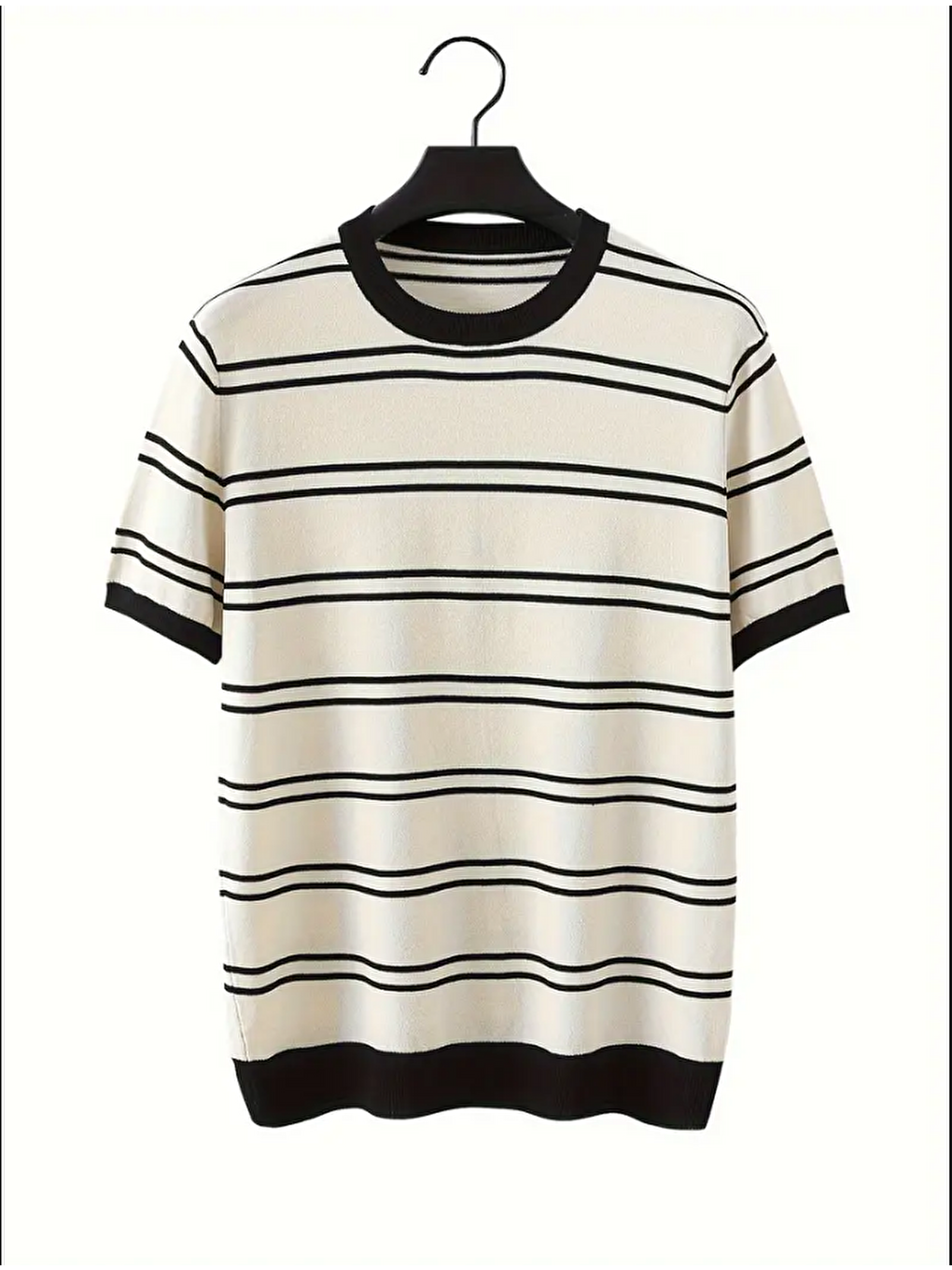 Beyaz Erkek Çizgi Detaylı Slim Fit Bisiklet Yaka Triko Tişört-1