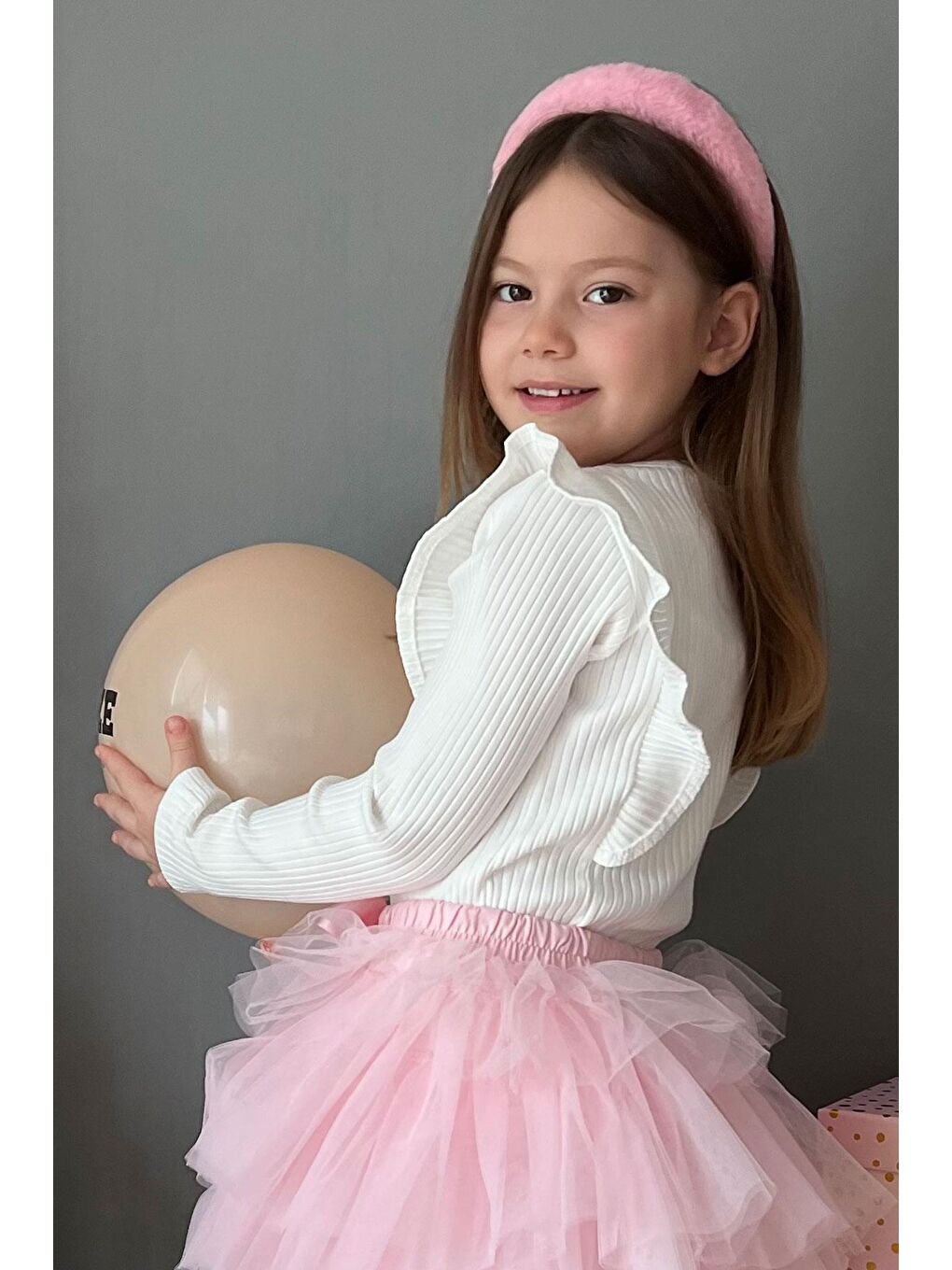 Kız Çocuk Uzun Kollu Tişört Omuzu Fırfır Detaylı Ekru (3-4 Yaş)-2