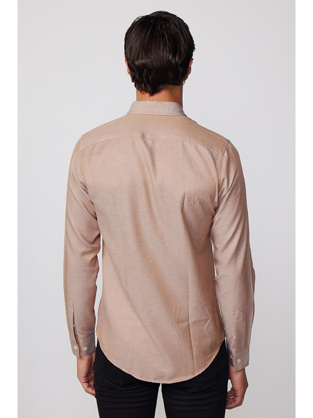 Bej Slim Fit Uzun Kollu Düğmeli Yaka Pamuklu Kolay Ütü Düz Erkek Gömlek-4