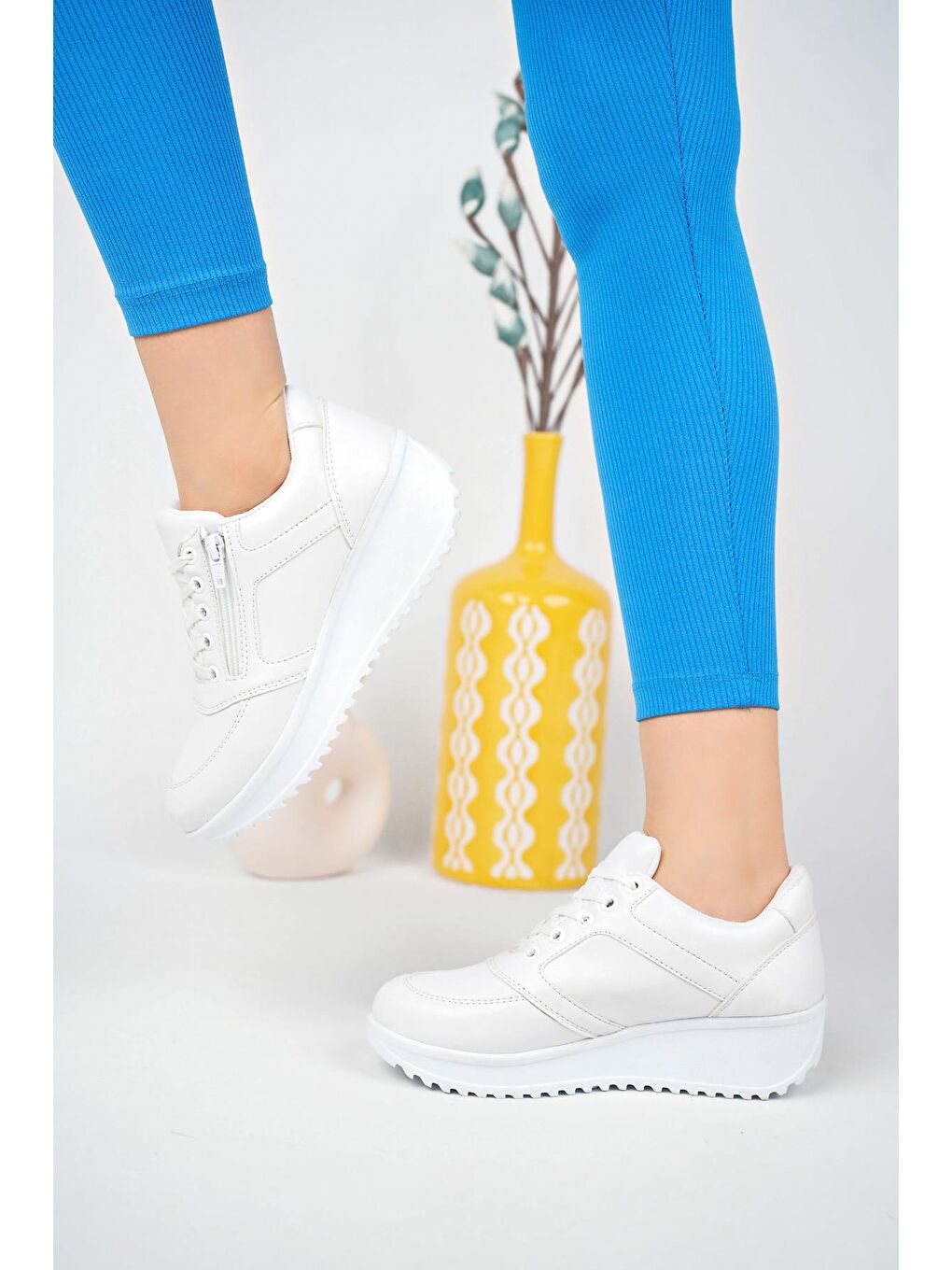 Beyaz Muggo Rexam  Kadın Ortopedik Yüksek Taban Günlük Bağcıklı Fermuarlı Sneaker Spor Ayakkabı-1