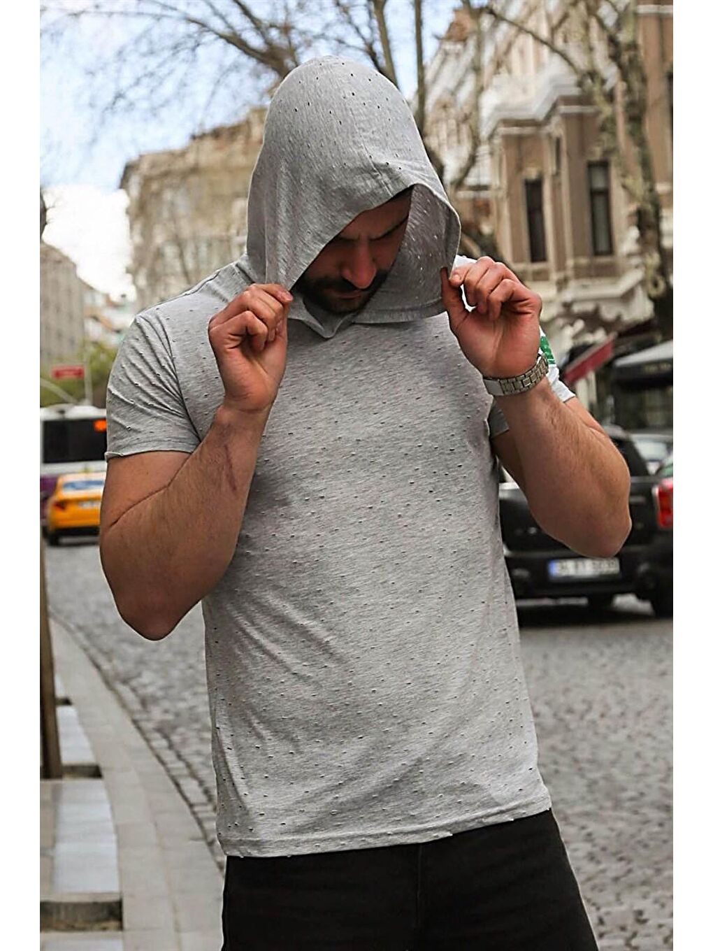 Yırtık Detaylı Gri Kapüşonlu %100 Pamuk Tişört 3069-4