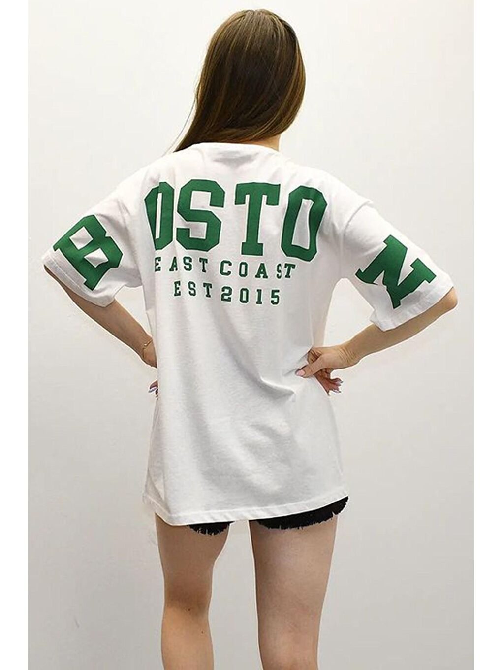 Beyaz Arka Baskılı Oversize Kadın Tişört Mg1529-1