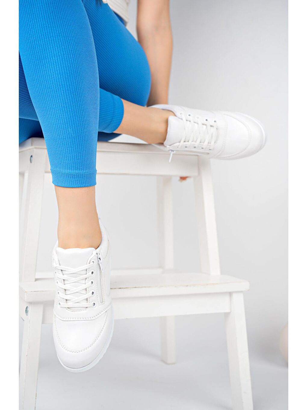 Beyaz Muggo Rexam  Kadın Ortopedik Yüksek Taban Günlük Bağcıklı Fermuarlı Sneaker Spor Ayakkabı-3