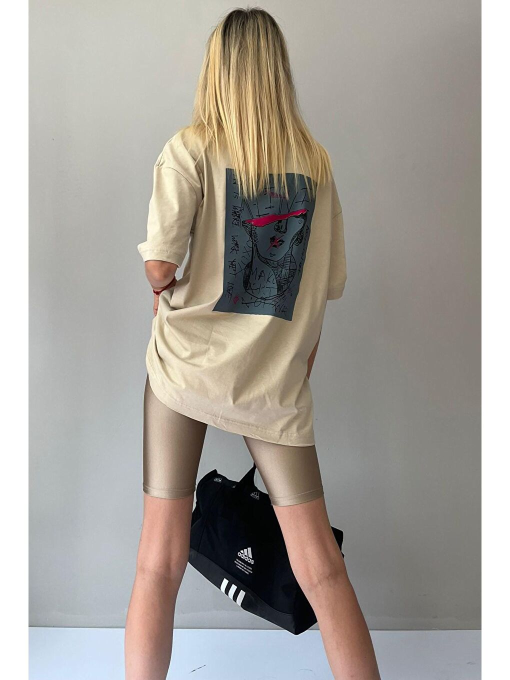 Bej Baskılı Oversize Tişört Mg1491-1