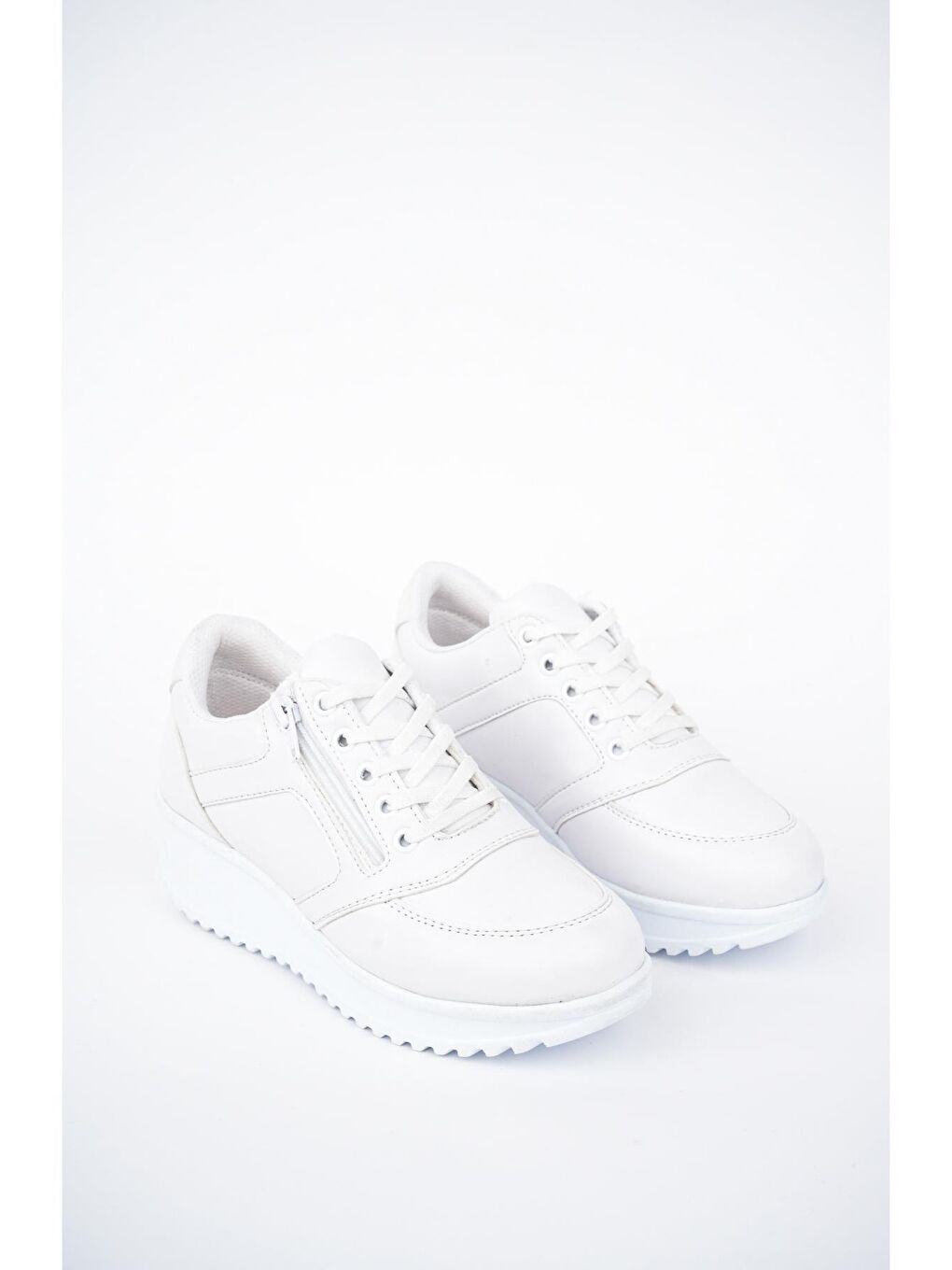 Beyaz Muggo Rexam  Kadın Ortopedik Yüksek Taban Günlük Bağcıklı Fermuarlı Sneaker Spor Ayakkabı-4