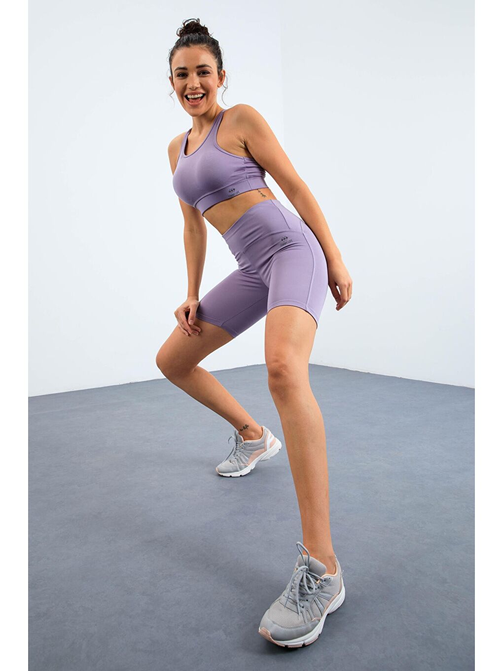 Mor Eflatun Yüksek Bel Toparlayıcı Slim Fit Büstiyer Biker Kadın Tayt Takım - 95303-1