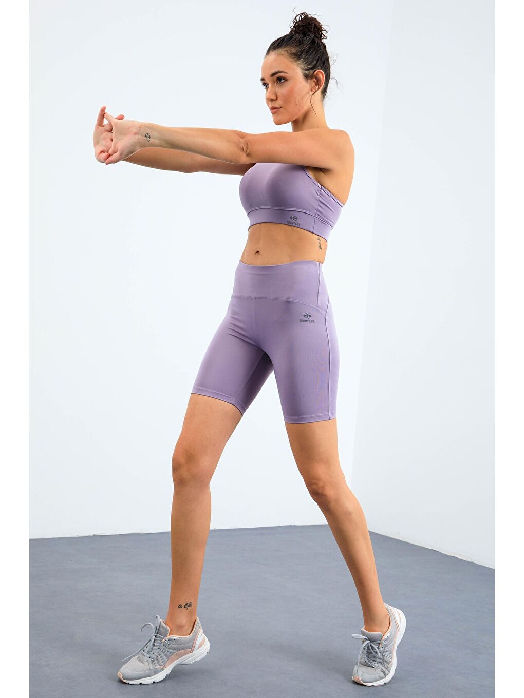 Mor Eflatun Yüksek Bel Toparlayıcı Slim Fit Büstiyer Biker Kadın Tayt Takım - 95303-4