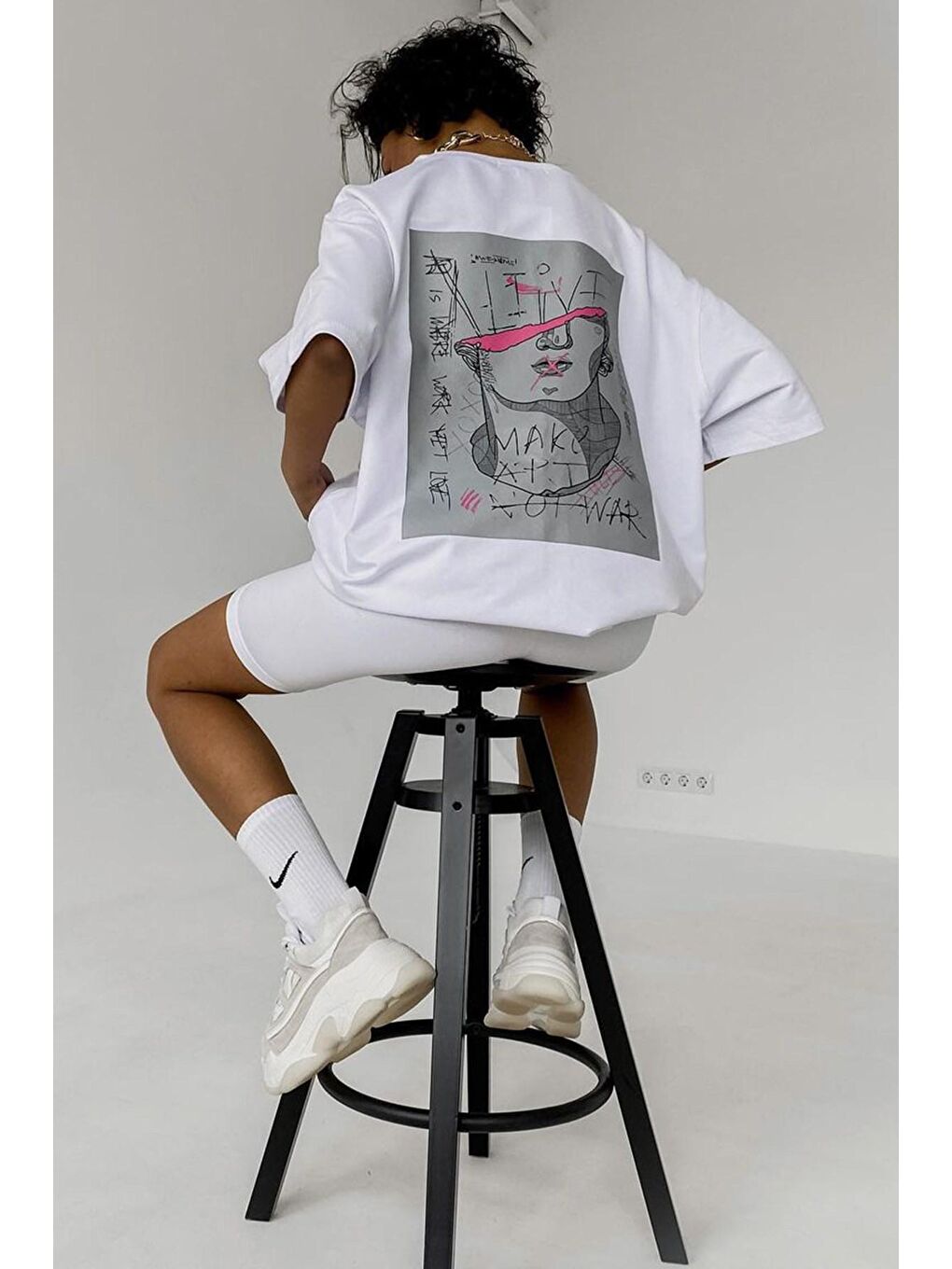 Beyaz Baskılı Oversize Tişört Mg1491-1