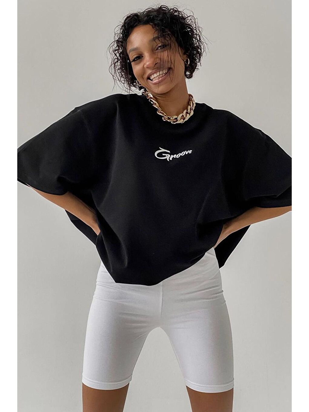 Siyah Baskılı Oversize Tişört Mg1491