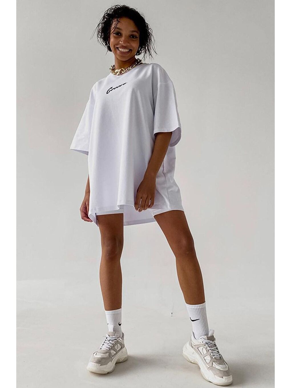 Beyaz Baskılı Oversize Tişört Mg1491-2