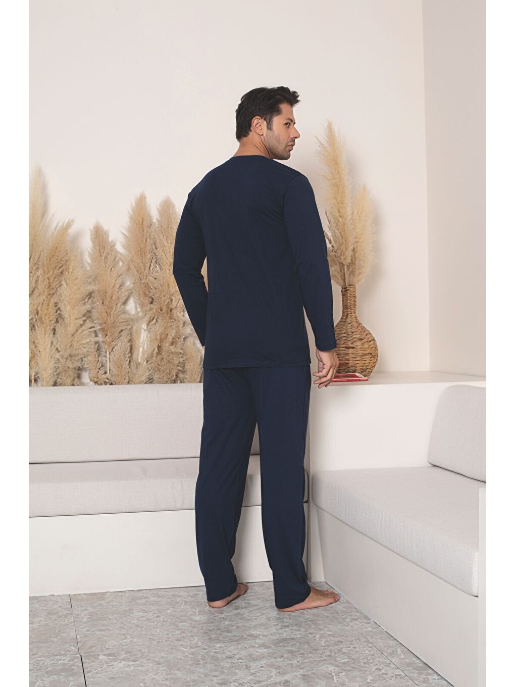 Erkek %100 Pamuk Lacivert Uzun Kollu Kaliteli Rahat Battal Pijama Takımı-3