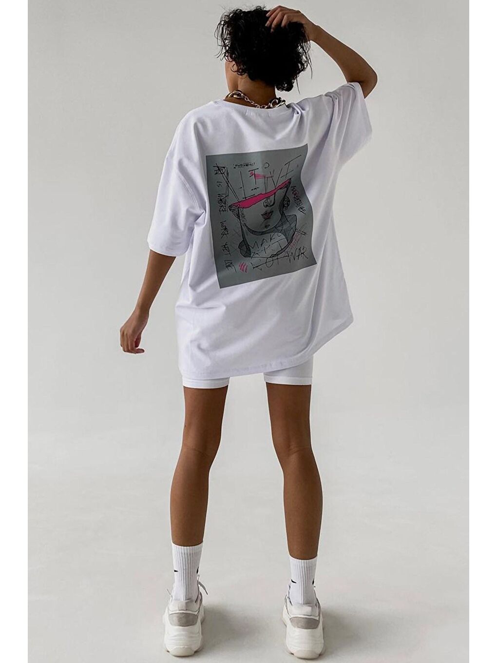 Beyaz Baskılı Oversize Tişört Mg1491-3