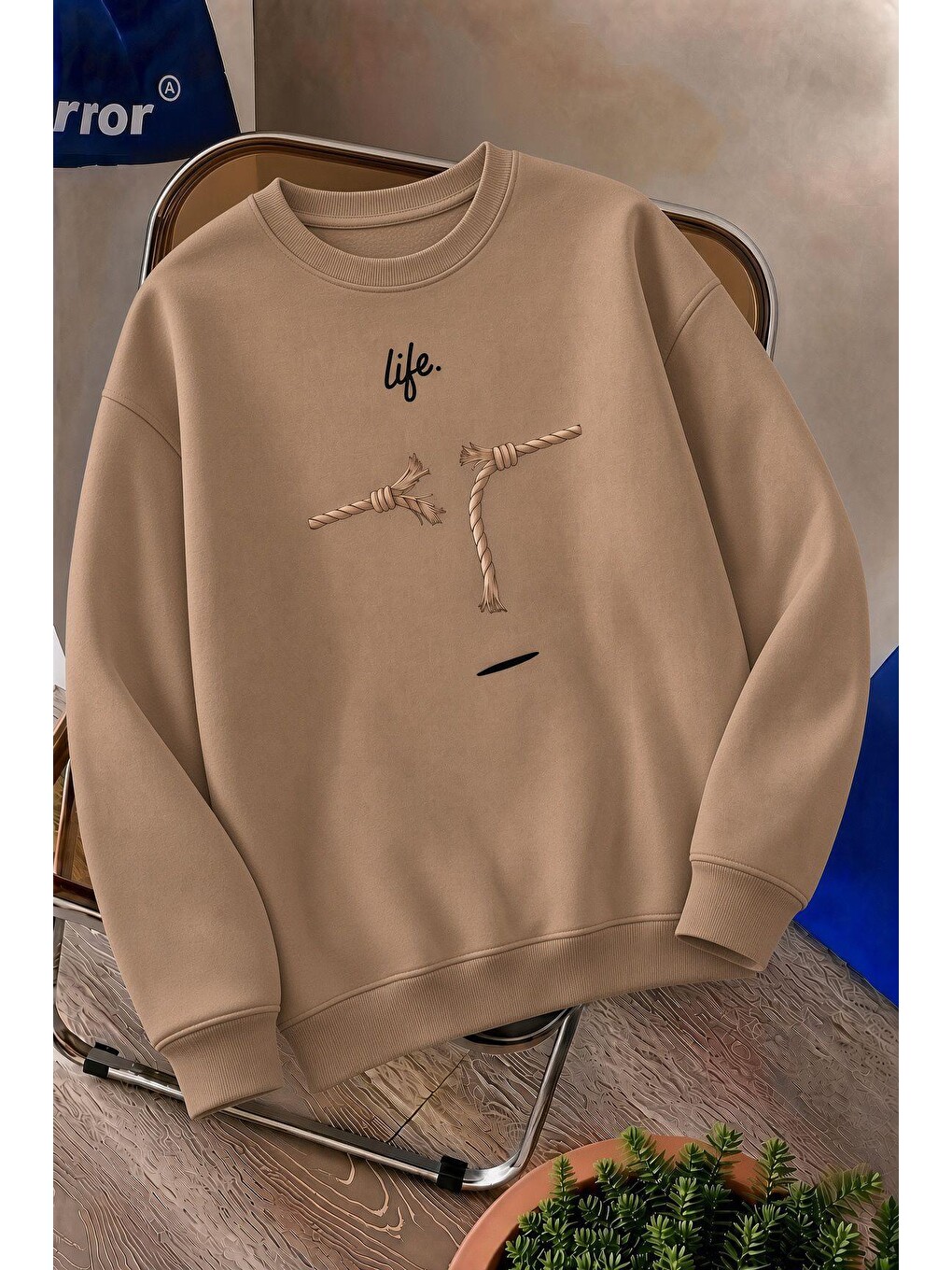 Bej Bs Life Design Minimalist İllüstrasyon Baskılı Sweatshirt-büyük Beden Seçenekli