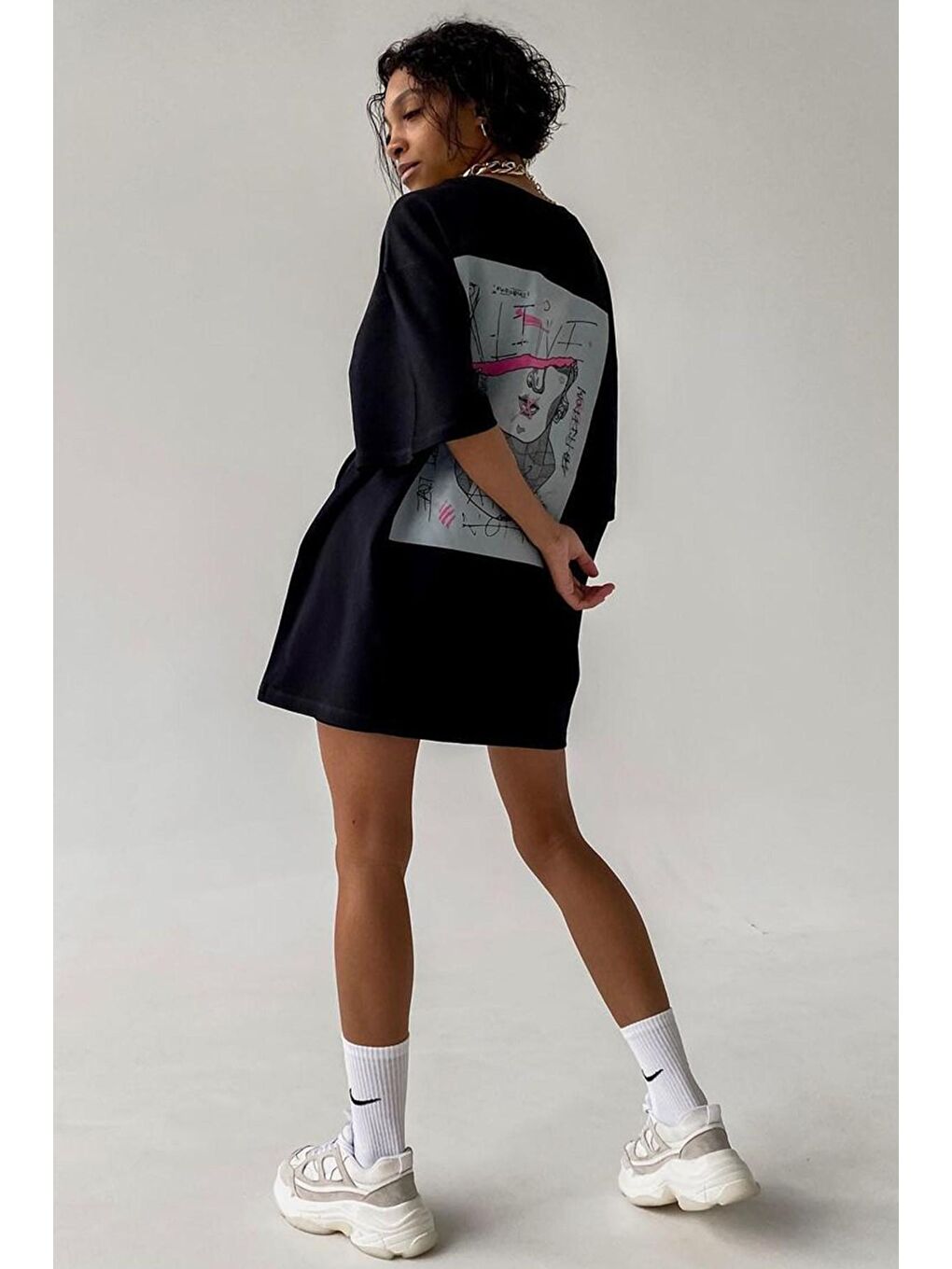 Siyah Baskılı Oversize Tişört Mg1491-1