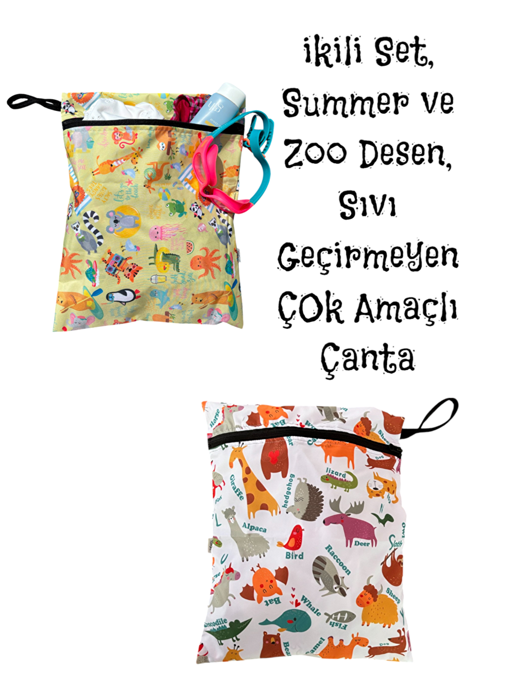 Yorni Beyaz 2 Adet, 37x30 cm, Summer ve Zoo Desen, Sıvı Geçirmeyen Çok Amaçlı Çanta, Ekonomik Set, Yıkanabilir