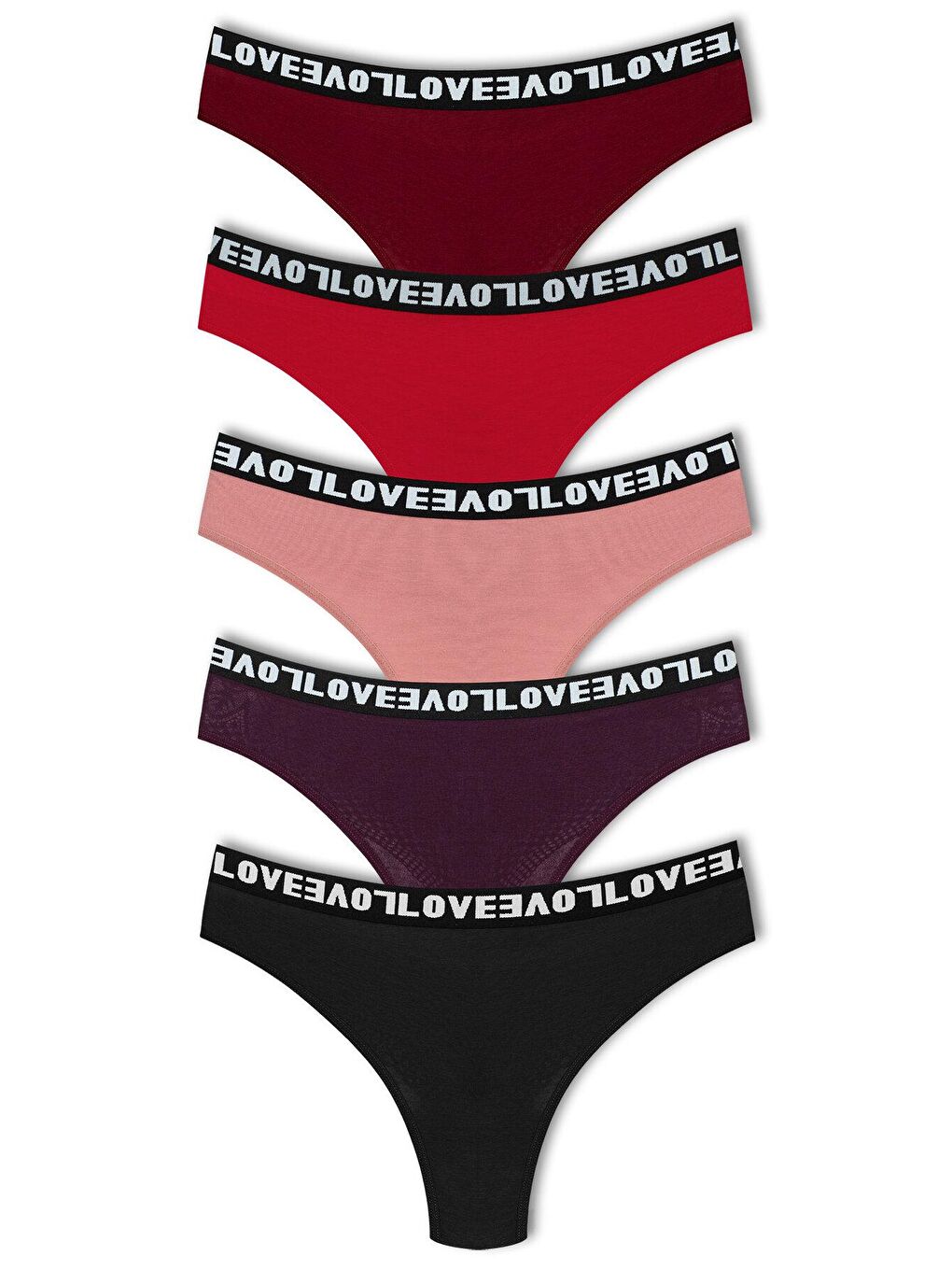 Bordo Pamuklu Arkası Dantel LOVE Lastik Tanga Kadın Külot 5'li