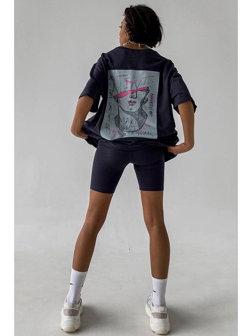 Siyah Baskılı Oversize Tişört Mg1491-3