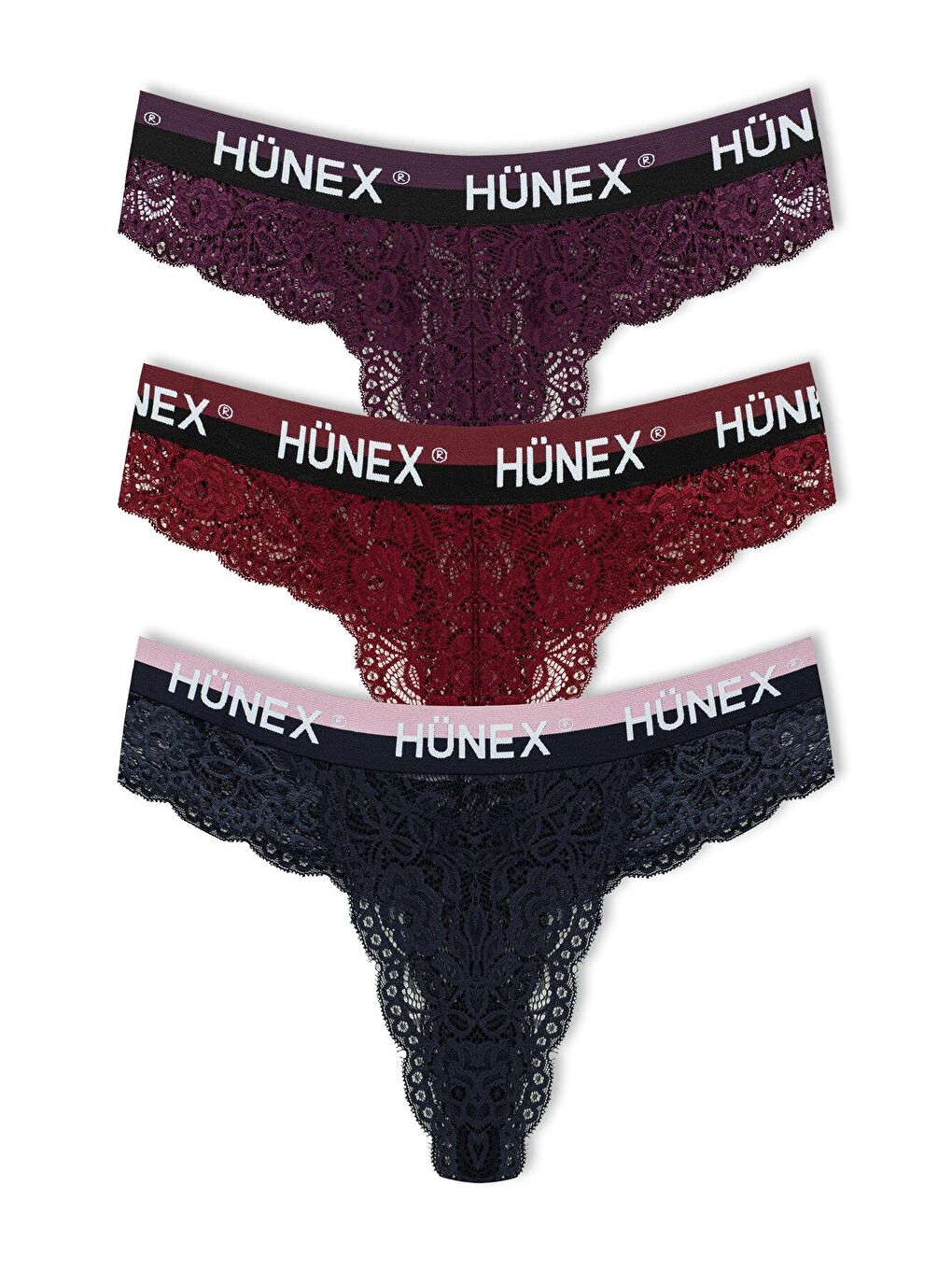 Lacivert Dantelli Yazılı Lastik Tanga Kadın Külot 3'Lü