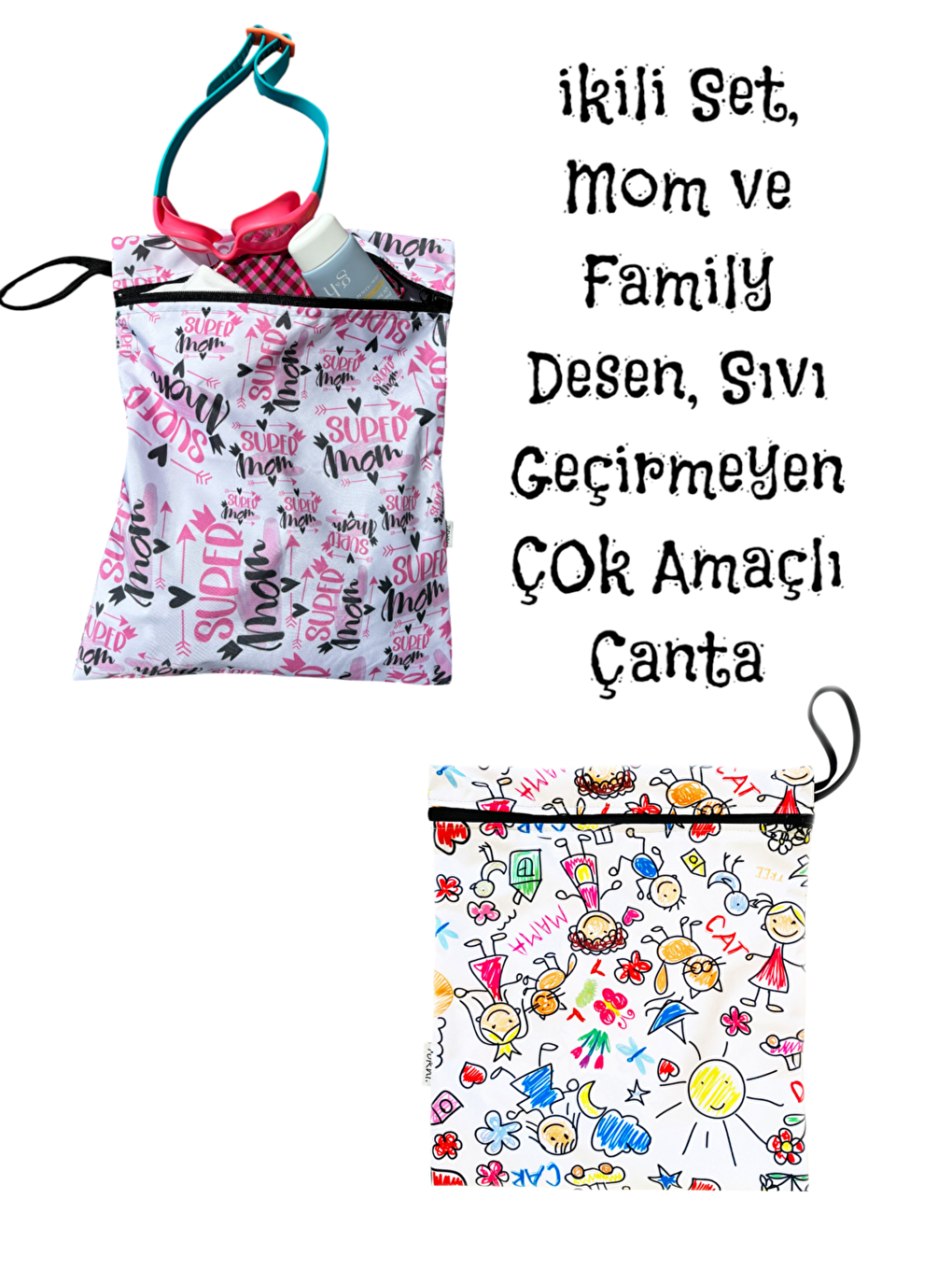 Beyaz 2 Adet, 37x30 cm, Mom ve Family Desen, Sıvı Geçirmeyen Çok Amaçlı Çanta, Ekonomik Set, Yıkanabilir