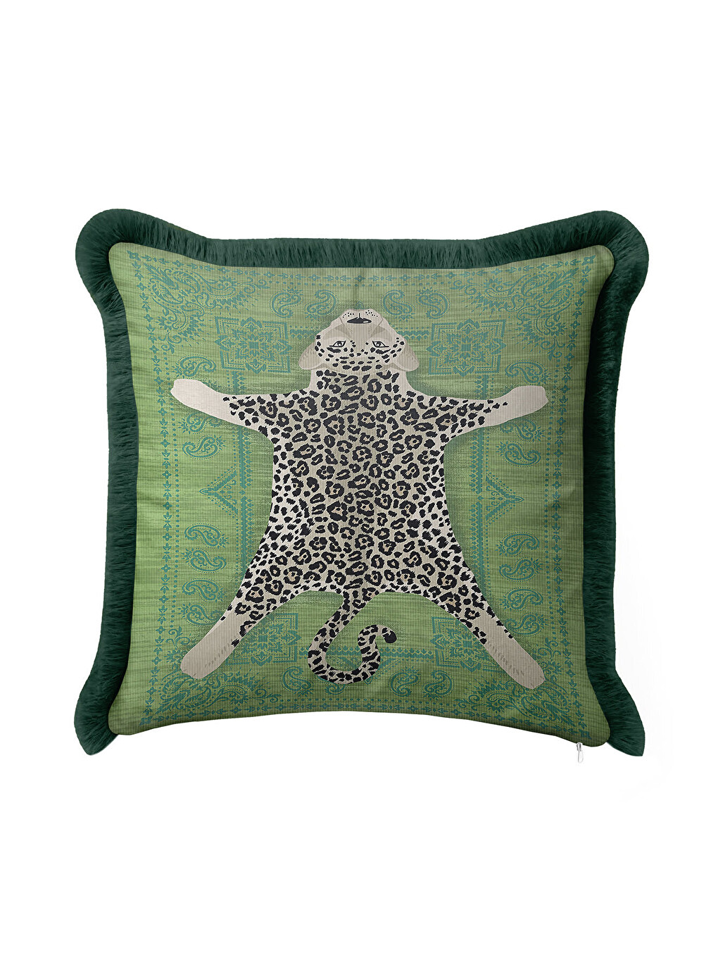Karışık Lüks Leopar Figürlü Saçaklı Yastık Kılıfı - Bohem Yeşil Retro Mint Püsküllü Kırlent Kılıfı-4