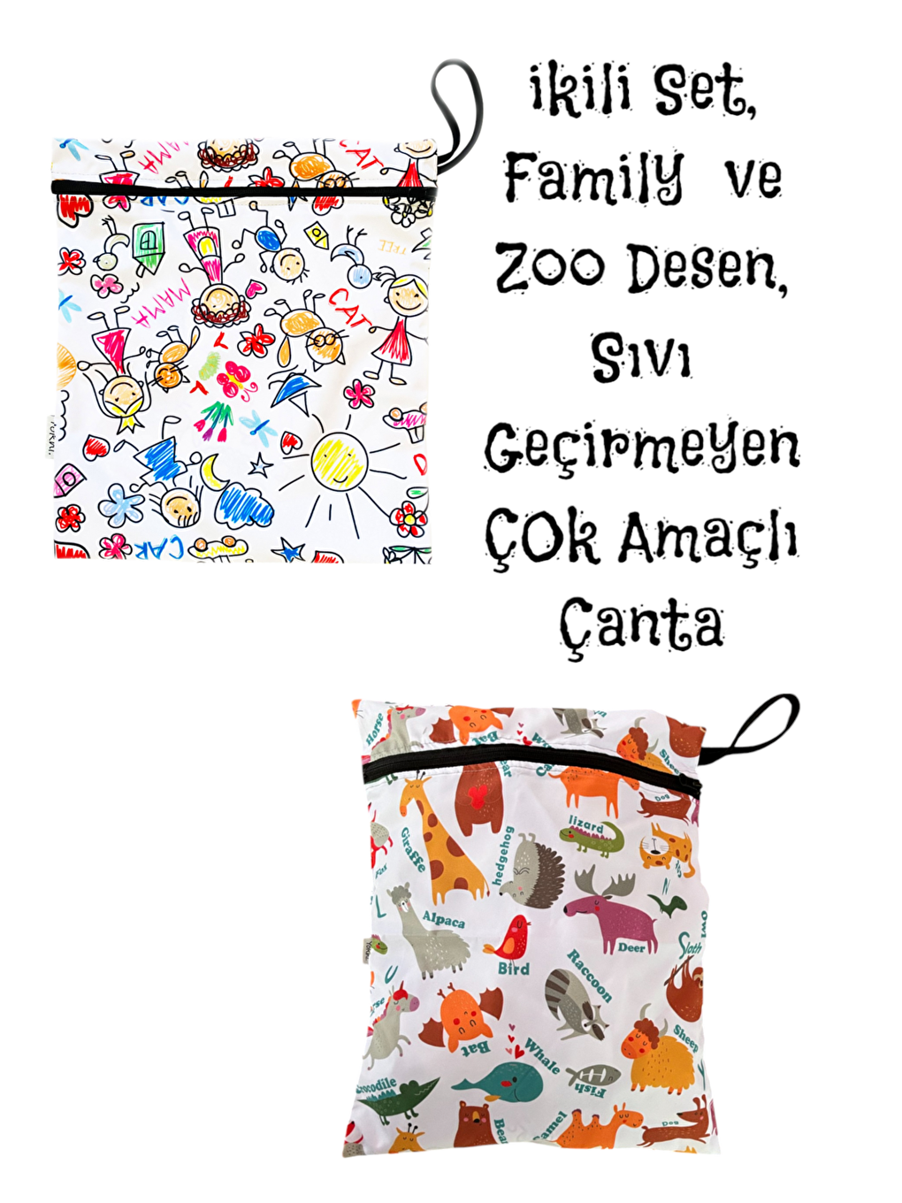 Yorni Beyaz 2 Adet, 37x30 cm, Family ve Zoo Desen, Sıvı Geçirmeyen Çok Amaçlı Çanta, Ekonomik Set, Yıkanabilir